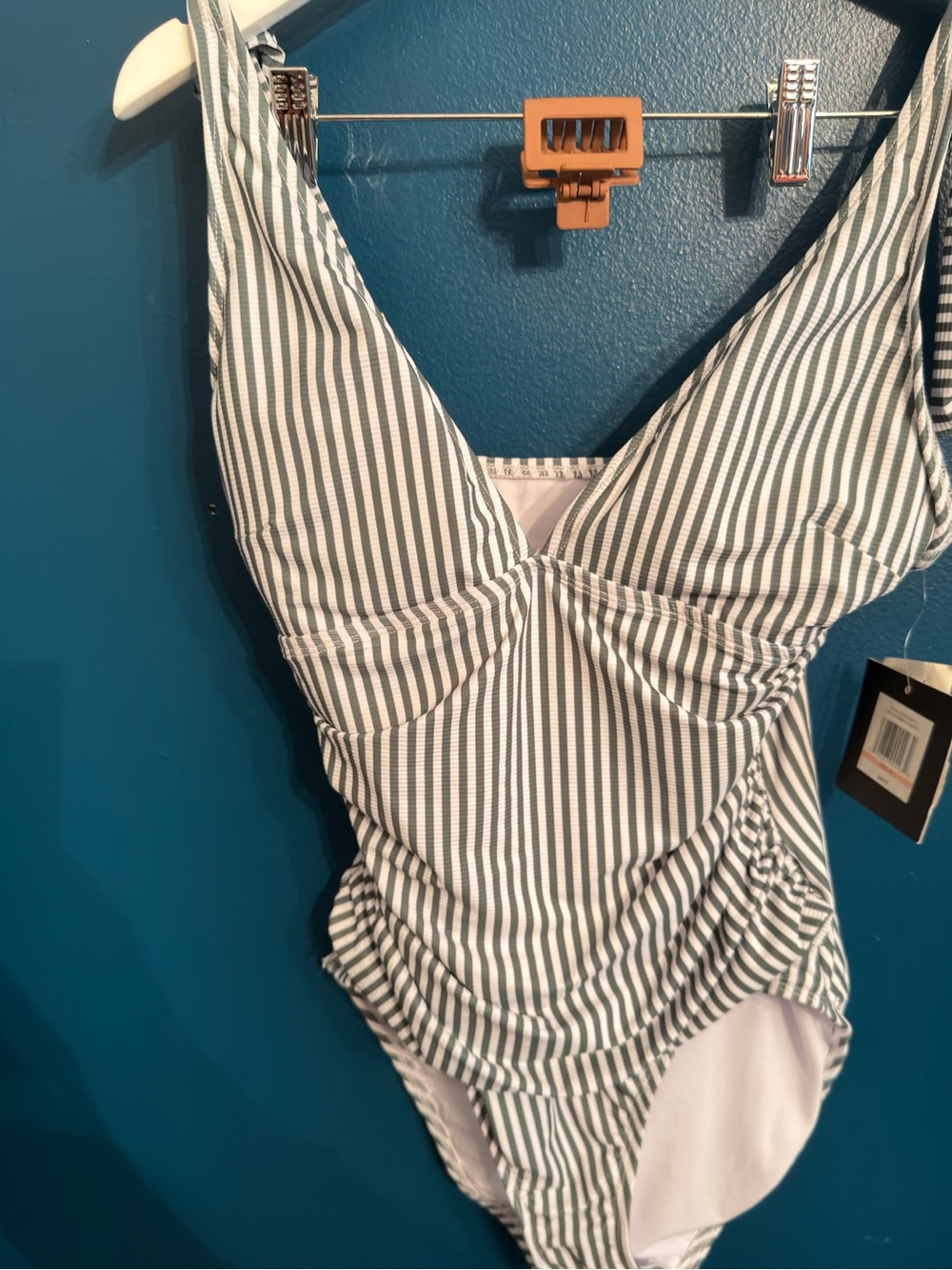 Ellen Tracy Green and White Striped One-Piece Swimsuit